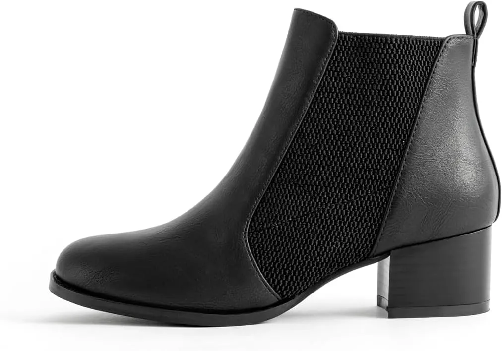 Low Heel Ankle Boots for Women Chunky Block Heel Elastic Gore Chelsea Boots Slip On Comfortable Short Boots Round Toe Black Brown Heeled Booties for Fall Winter