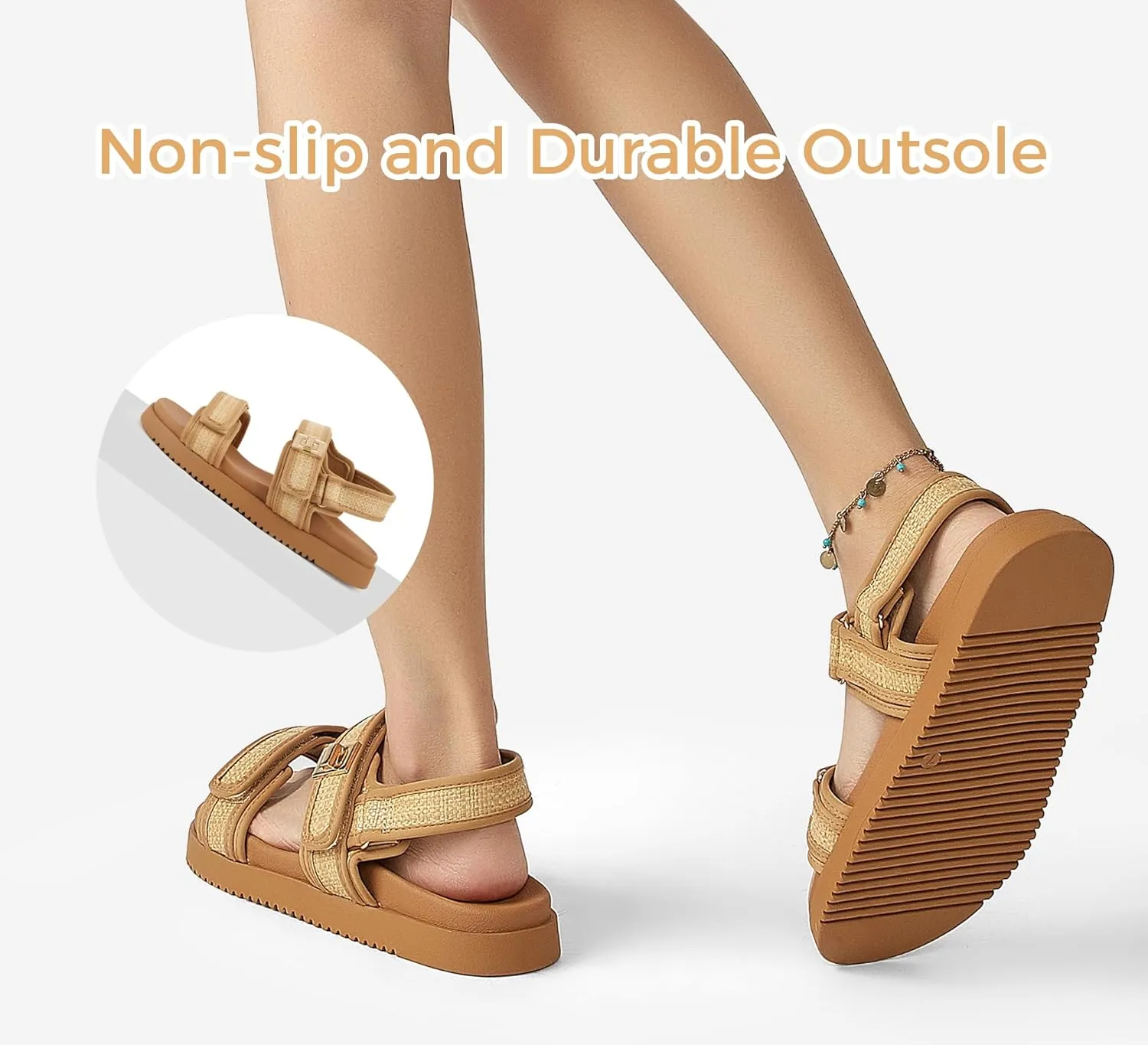 LUCKY STEP Women's Flat Sandals Casual Open Toe Beach Sandals Adjustable Double Strap Summer Sandals
