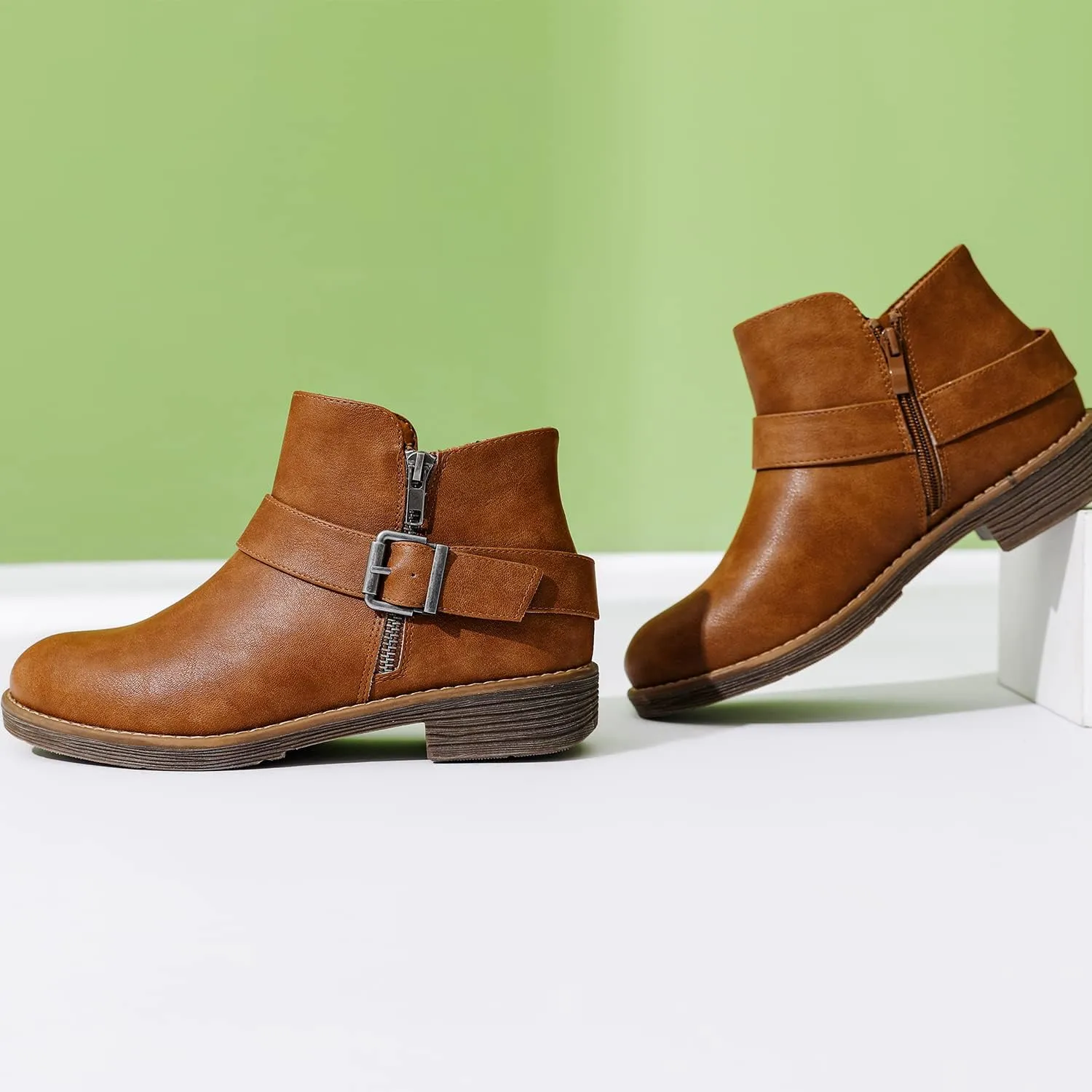 Luoika Women's Wide Width Ankle Boots - Black Brown Short Boots Block Low Heel Side Zipper Booties.