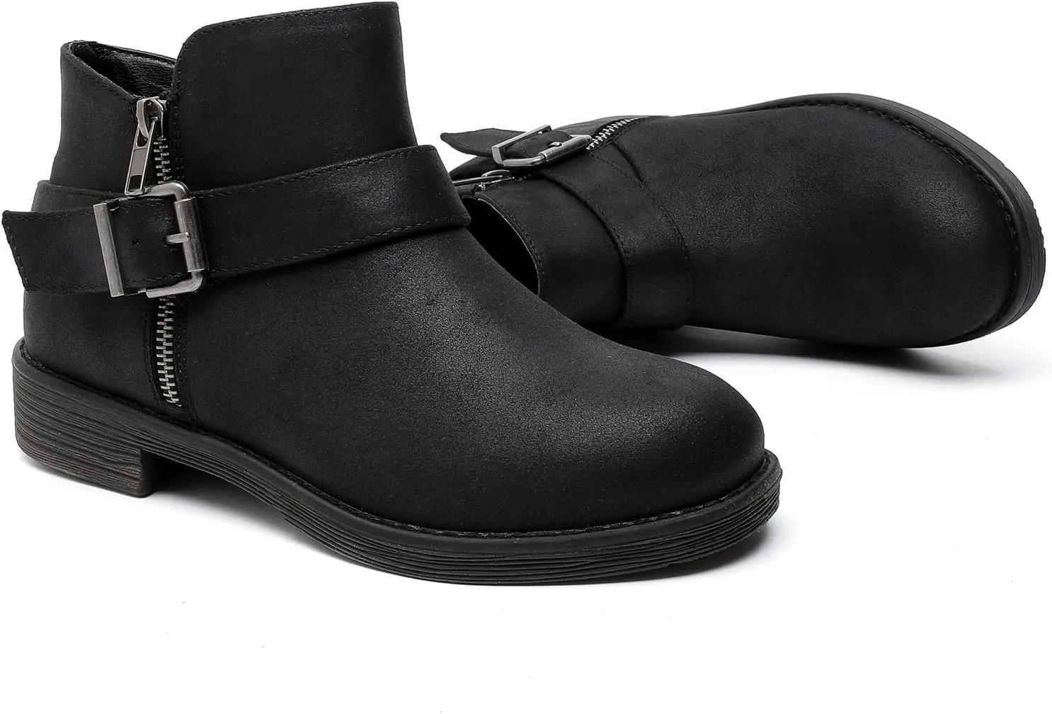 Luoika Women's Wide Width Ankle Boots - Black Brown Short Boots Block Low Heel Side Zipper Booties.