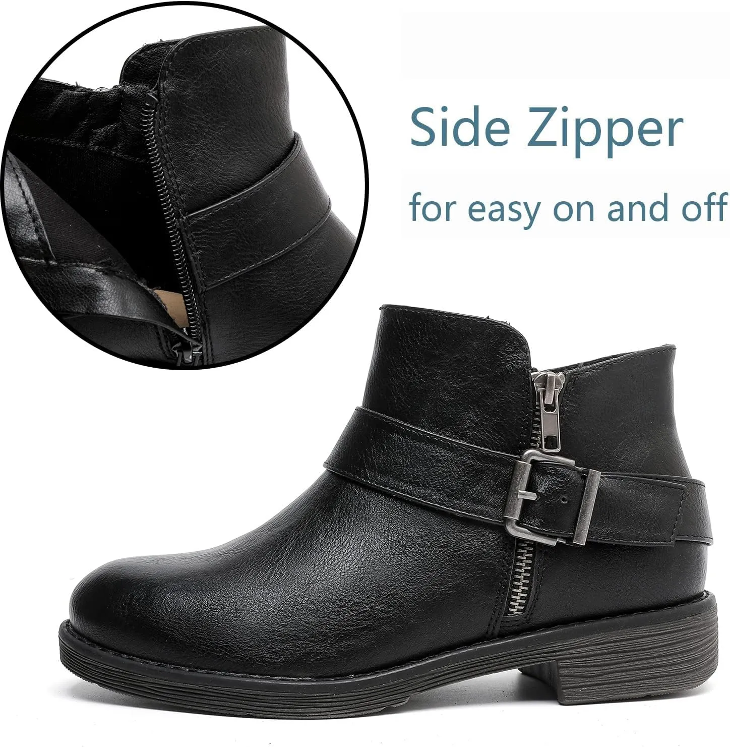 Luoika Women's Wide Width Ankle Boots - Black Brown Short Boots Block Low Heel Side Zipper Booties.
