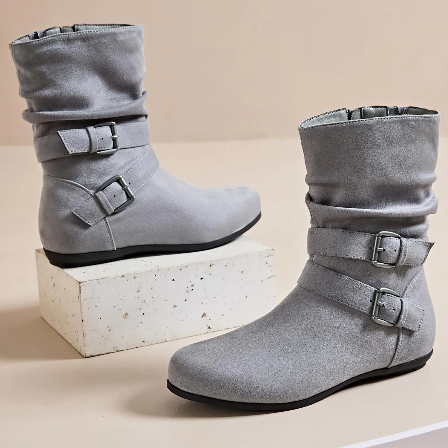 Luoika Women's Wide Width Ankle Boots - Black Brown Short Boots Block Low Heel Side Zipper Booties.
