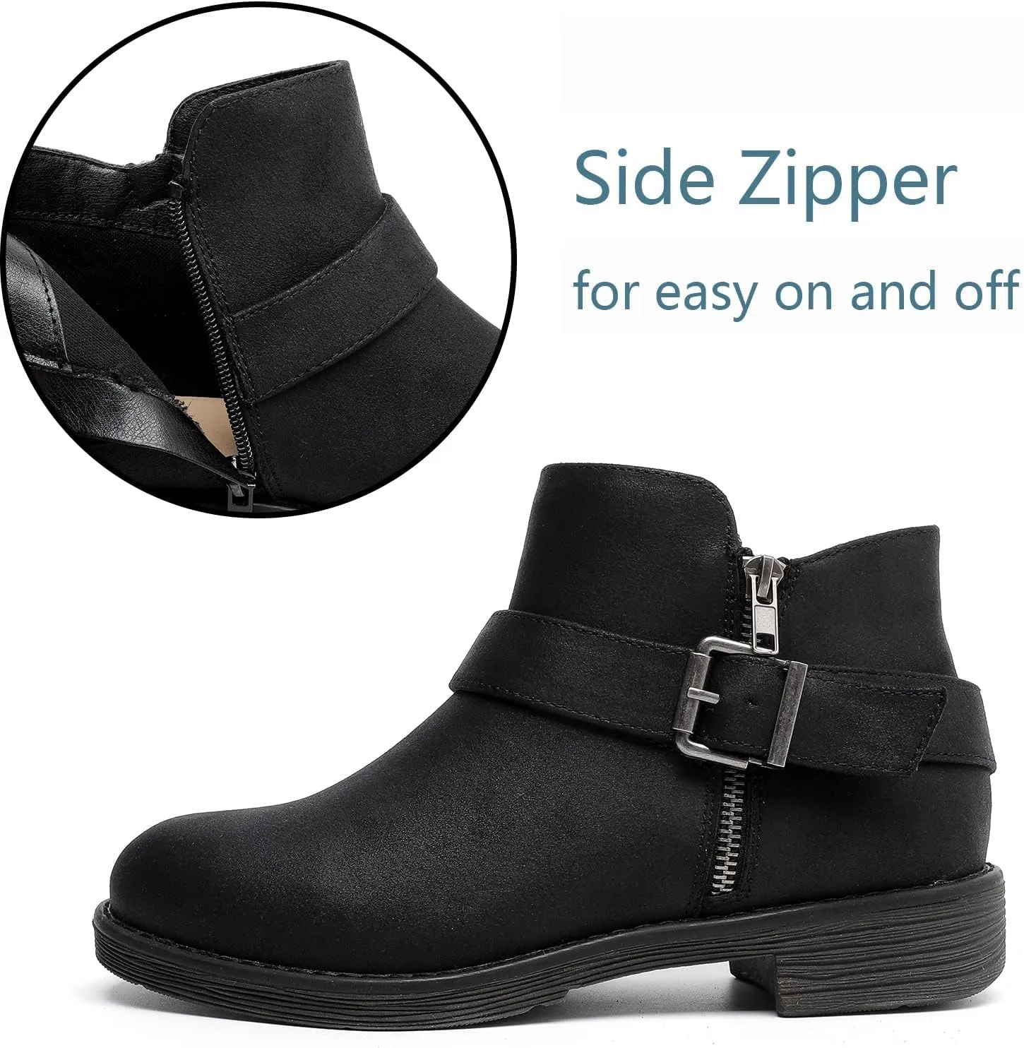 Luoika Women's Wide Width Ankle Boots - Black Brown Short Boots Block Low Heel Side Zipper Booties.