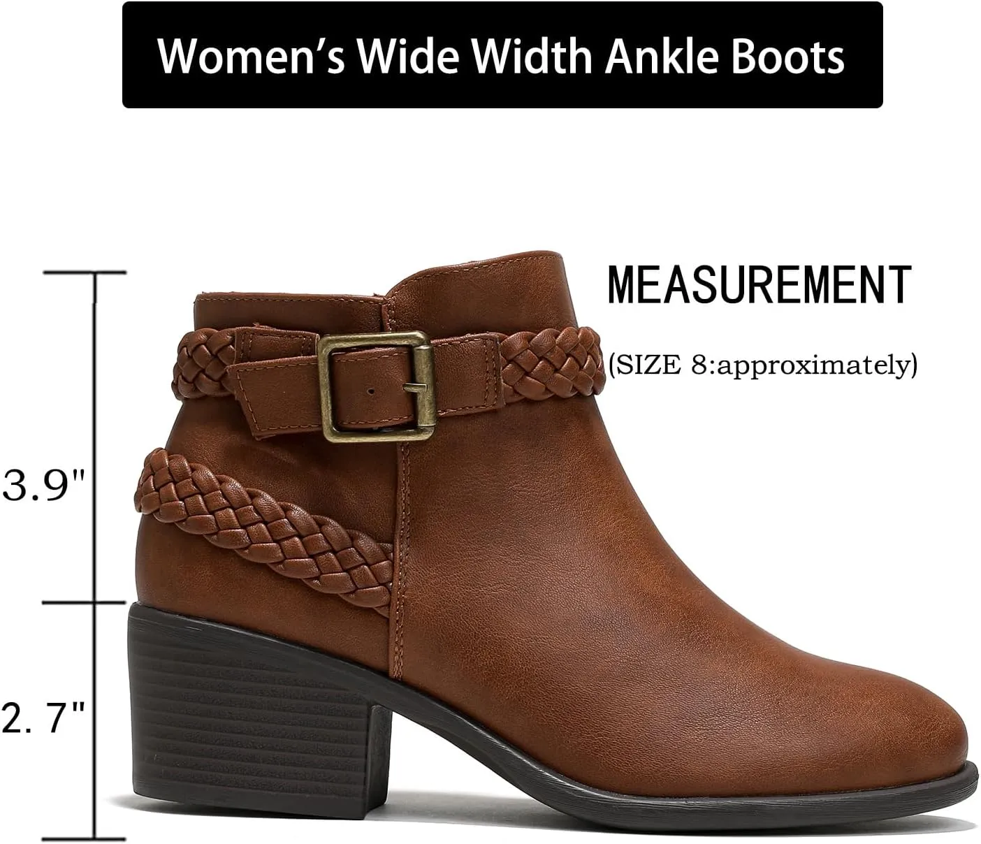 Luoika Women's Wide Width Ankle Boots - Black Brown Short Boots Block Low Heel Side Zipper Booties.