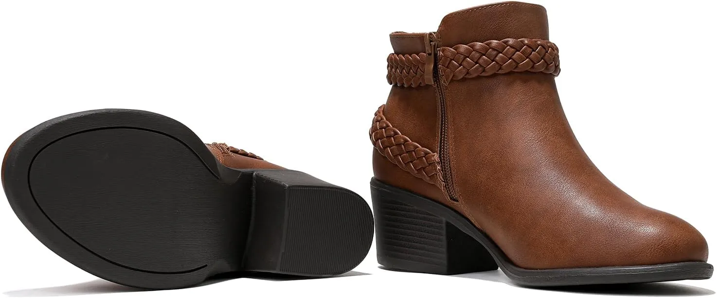 Luoika Women's Wide Width Ankle Boots - Black Brown Short Boots Block Low Heel Side Zipper Booties.