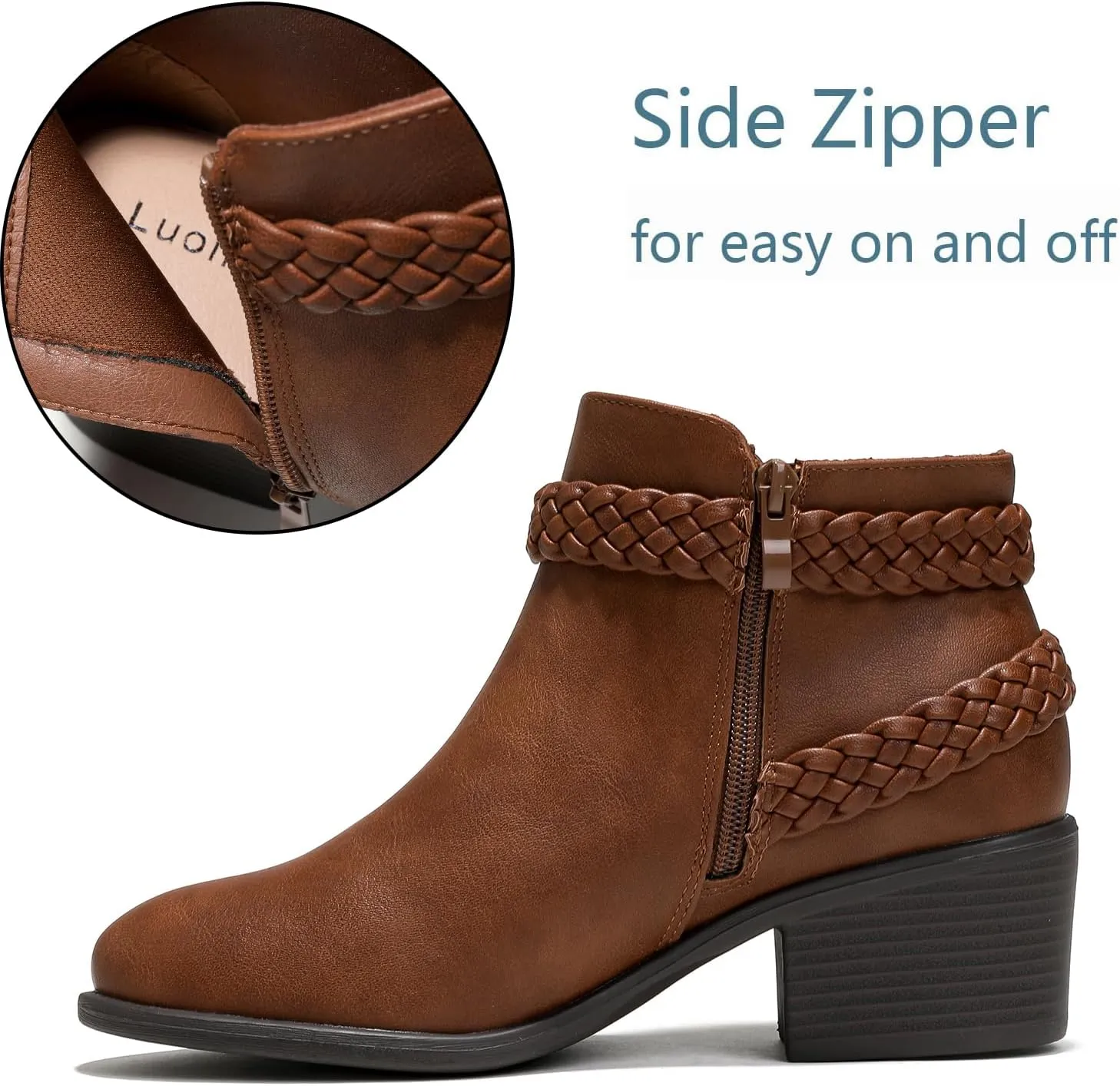 Luoika Women's Wide Width Ankle Boots - Black Brown Short Boots Block Low Heel Side Zipper Booties.
