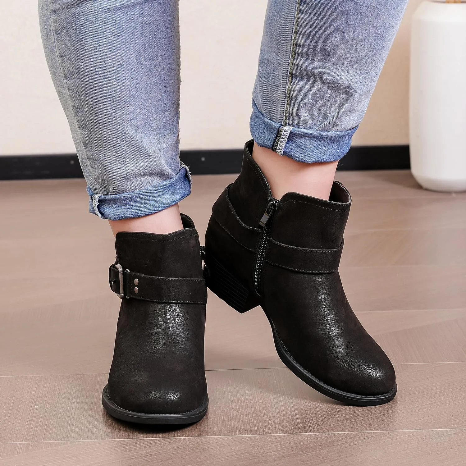 Luoika Women's Wide Width Ankle Boots - Black Brown Short Boots Block Low Heel Side Zipper Booties.