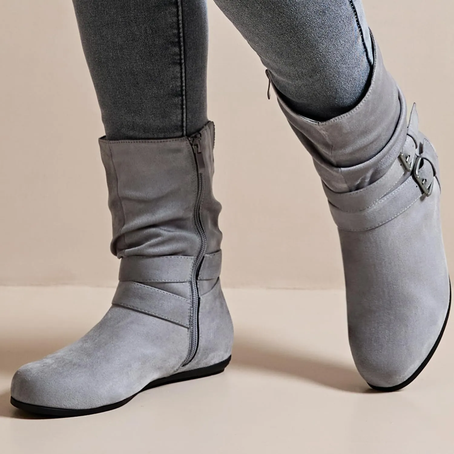 Luoika Women's Wide Width Ankle Boots - Black Brown Short Boots Block Low Heel Side Zipper Booties.