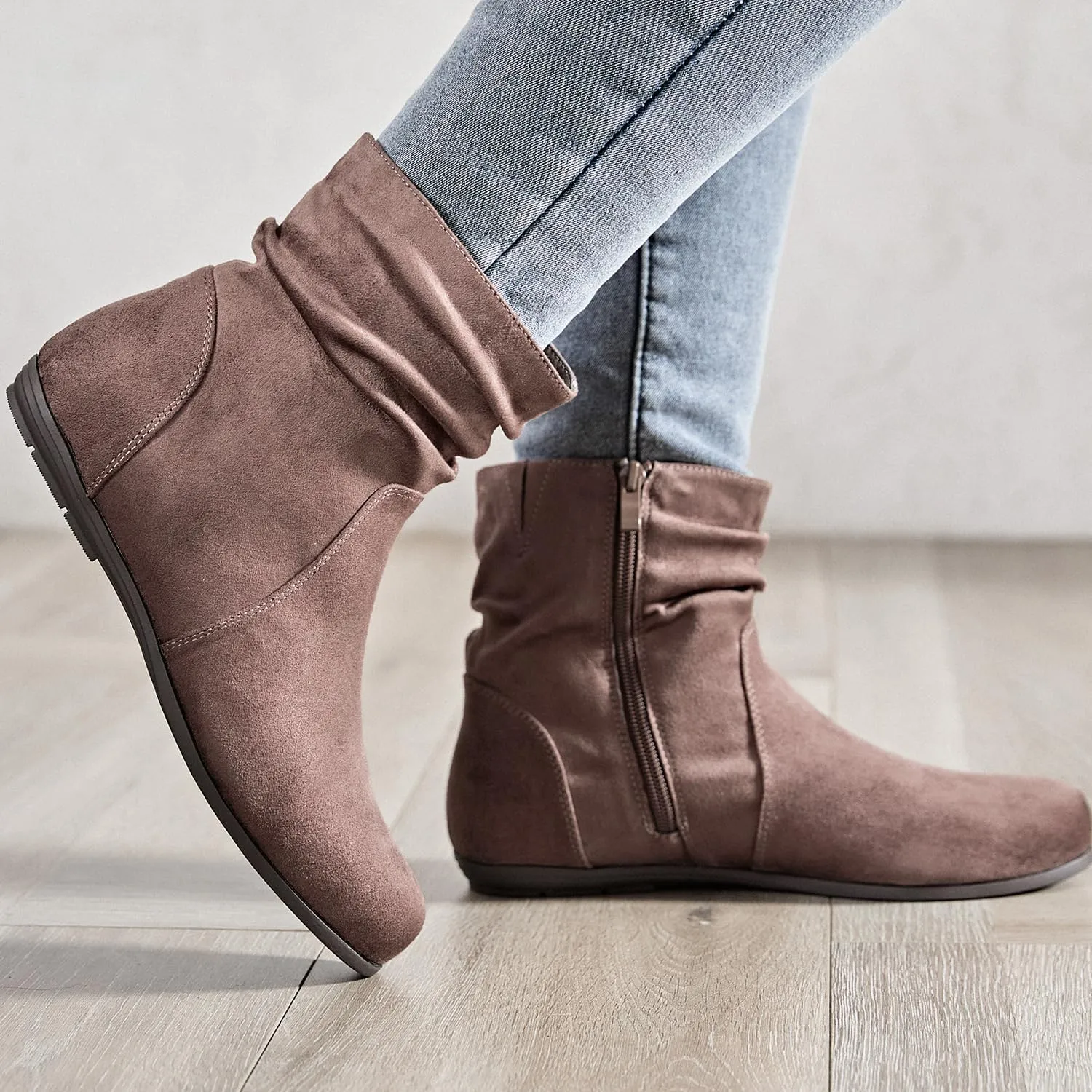 Luoika Women's Wide Width Ankle Boots - Black Brown Short Boots Block Low Heel Side Zipper Booties.