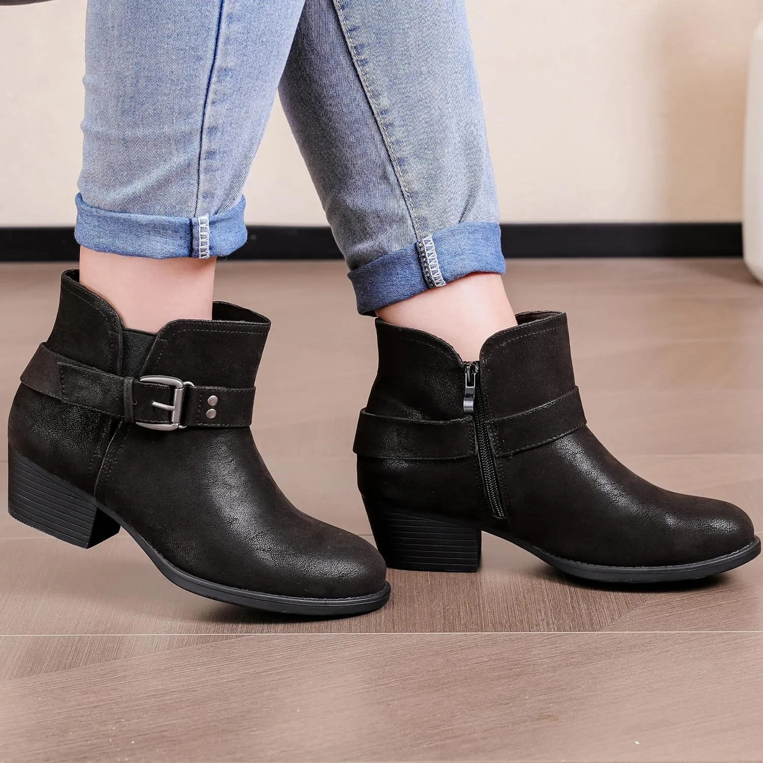 Luoika Women's Wide Width Ankle Boots - Black Brown Short Boots Block Low Heel Side Zipper Booties.