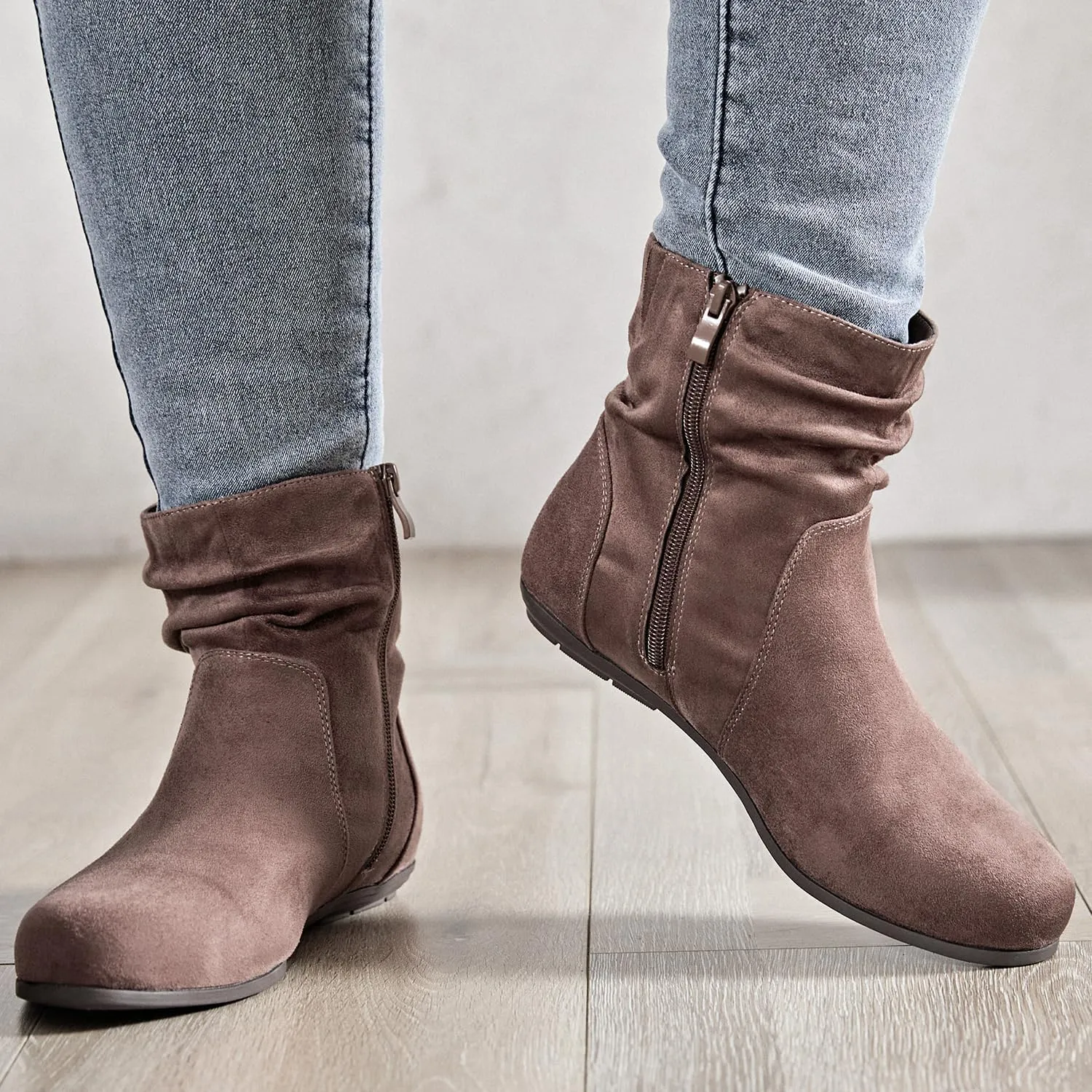 Luoika Women's Wide Width Ankle Boots - Black Brown Short Boots Block Low Heel Side Zipper Booties.