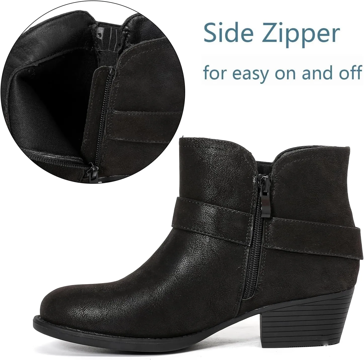 Luoika Women's Wide Width Ankle Boots - Black Brown Short Boots Block Low Heel Side Zipper Booties.