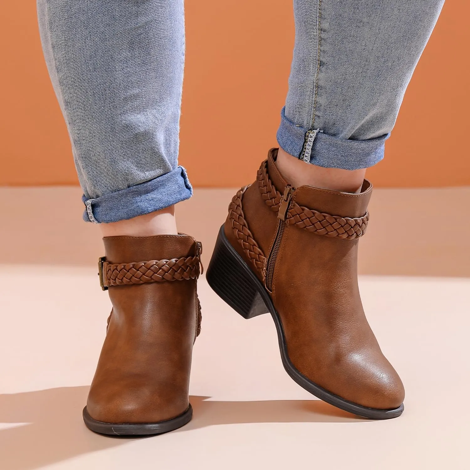 Luoika Women's Wide Width Ankle Boots - Black Brown Short Boots Block Low Heel Side Zipper Booties.