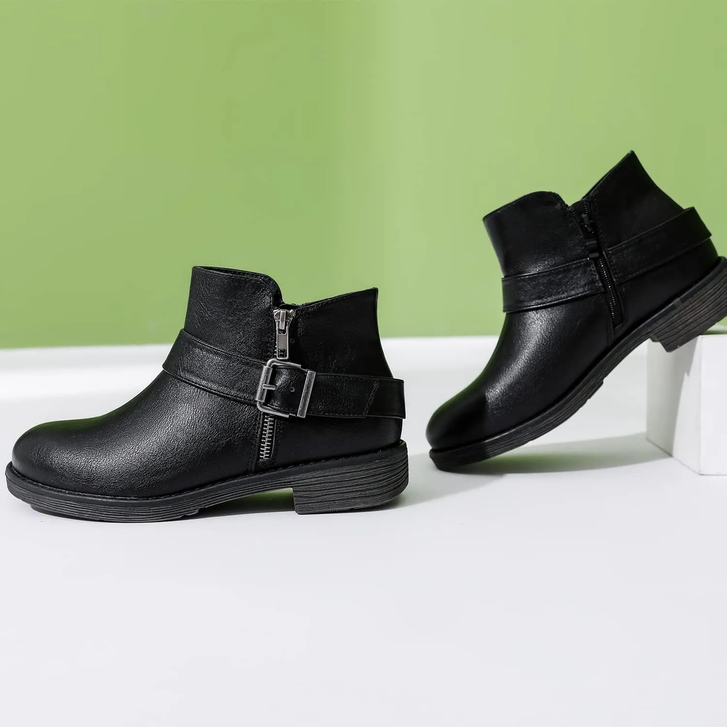Luoika Women's Wide Width Ankle Boots - Black Brown Short Boots Block Low Heel Side Zipper Booties.