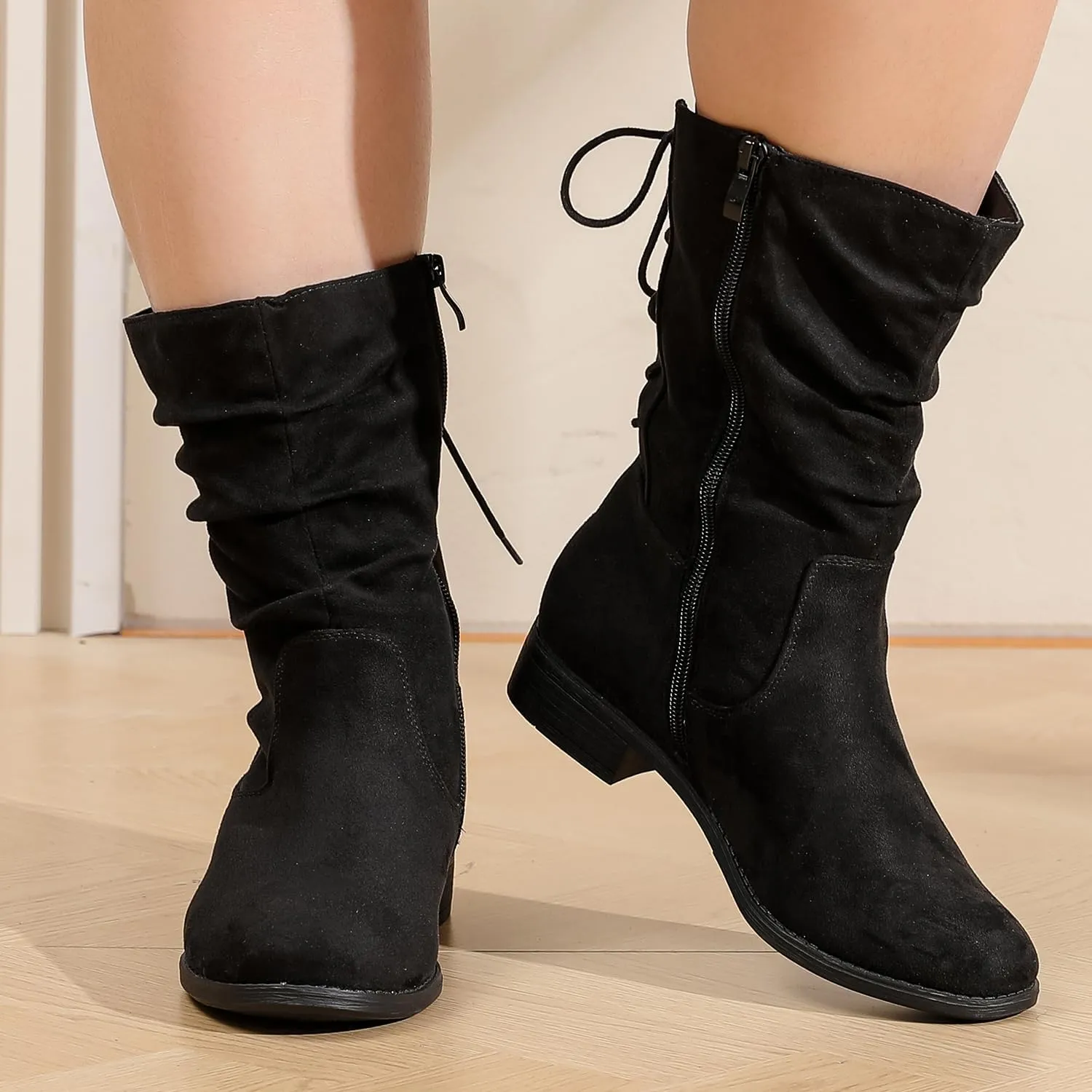 Luoika Women's Wide Width Ankle Boots - Black Brown Short Boots Block Low Heel Side Zipper Booties.