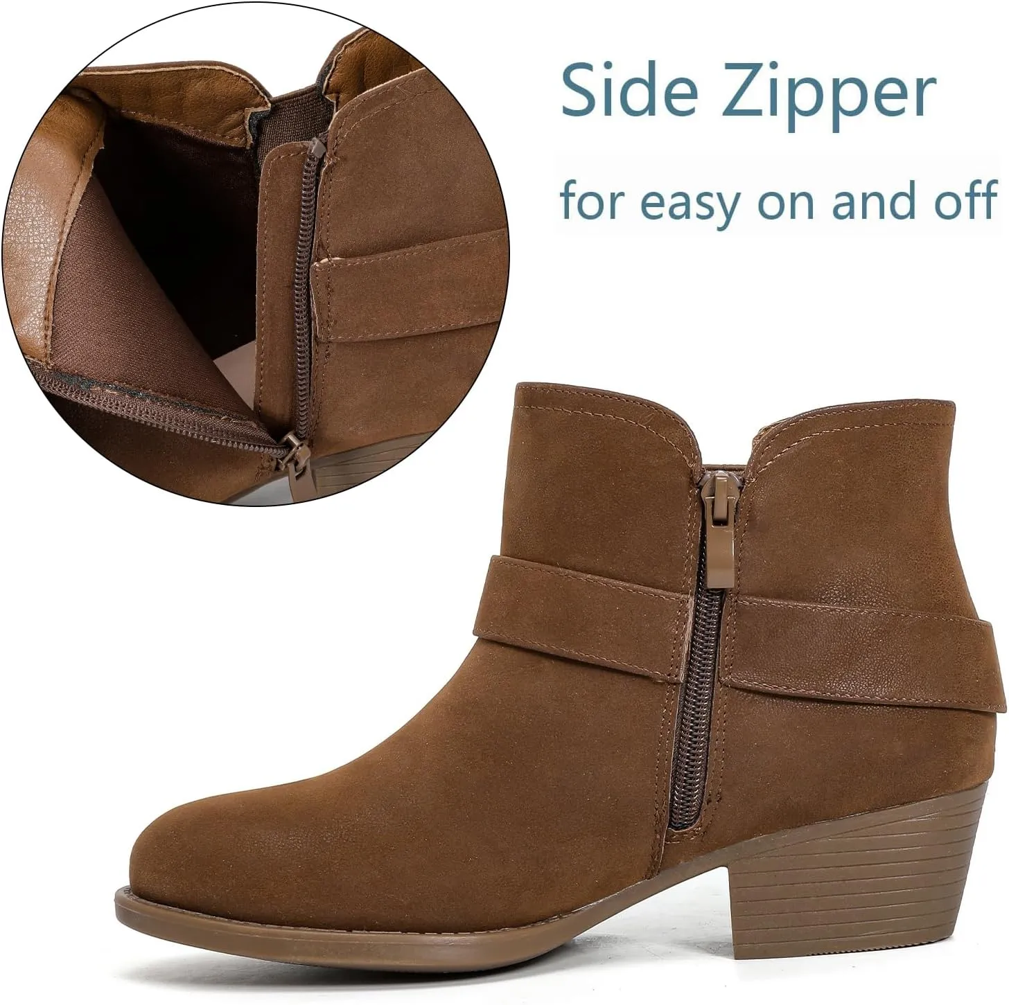Luoika Women's Wide Width Ankle Boots - Black Brown Short Boots Block Low Heel Side Zipper Booties.