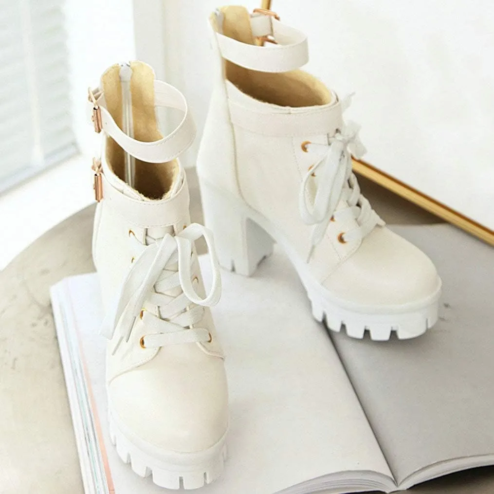 LUXMAX Ladies Block Heel Lace Up Ankle Boots Platform Chunky Cute Short Booties