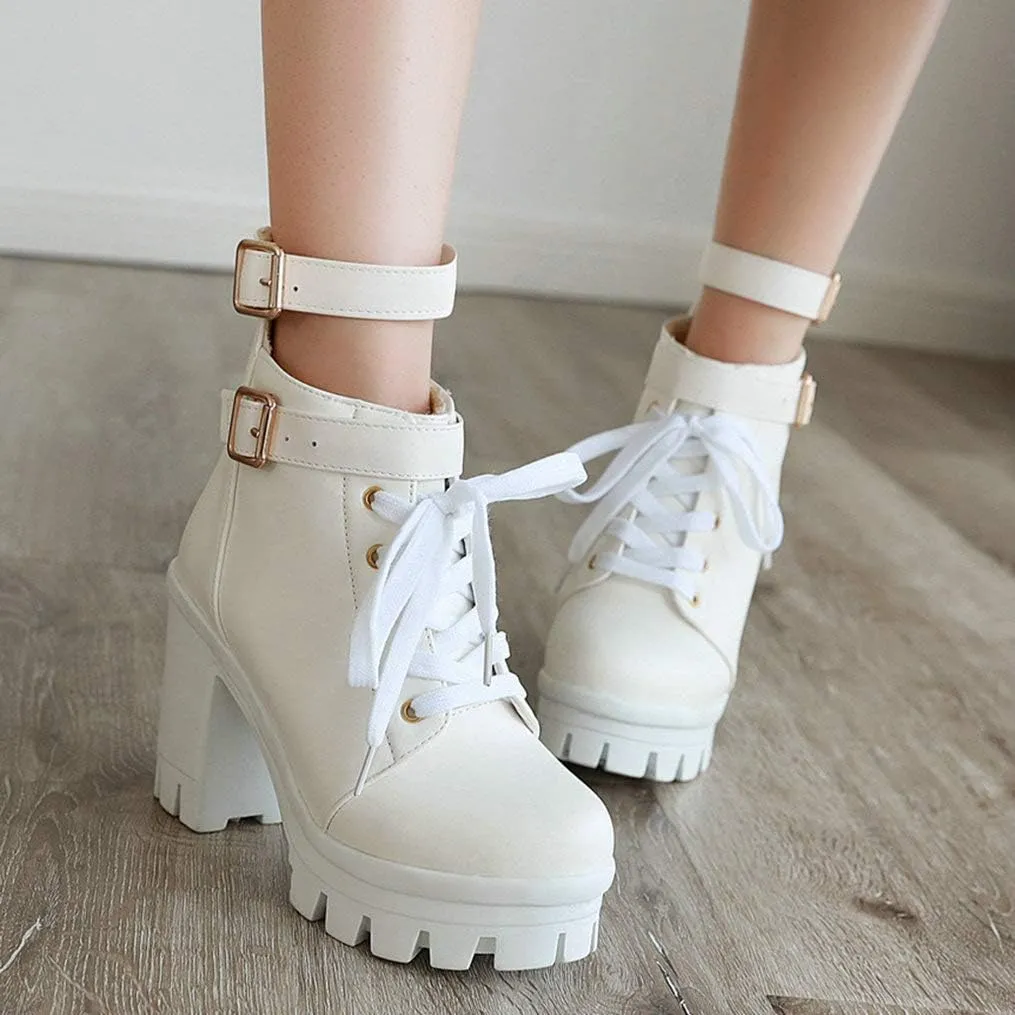 LUXMAX Ladies Block Heel Lace Up Ankle Boots Platform Chunky Cute Short Booties