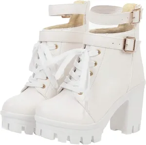LUXMAX Ladies Block Heel Lace Up Ankle Boots Platform Chunky Cute Short Booties