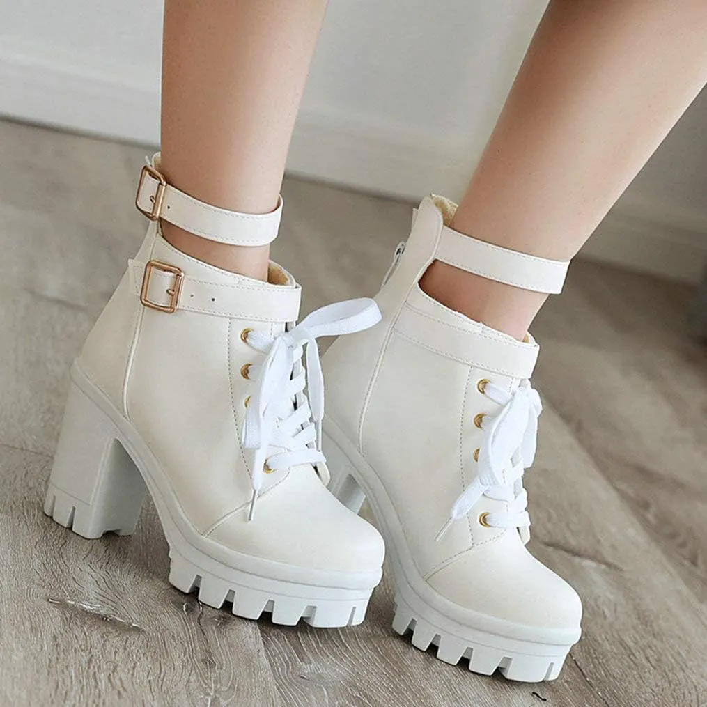 LUXMAX Ladies Block Heel Lace Up Ankle Boots Platform Chunky Cute Short Booties