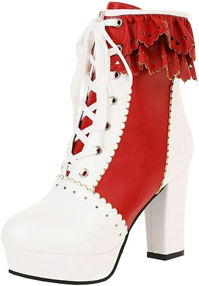 LUXMAX Women Lolita Lace Up Platform Ankle Boots Block High Heel Short Booties