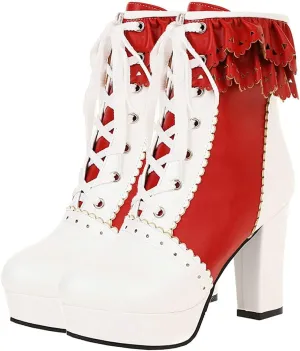 LUXMAX Women Lolita Lace Up Platform Ankle Boots Block High Heel Short Booties