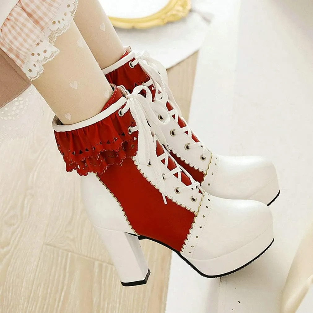 LUXMAX Women Lolita Lace Up Platform Ankle Boots Block High Heel Short Booties