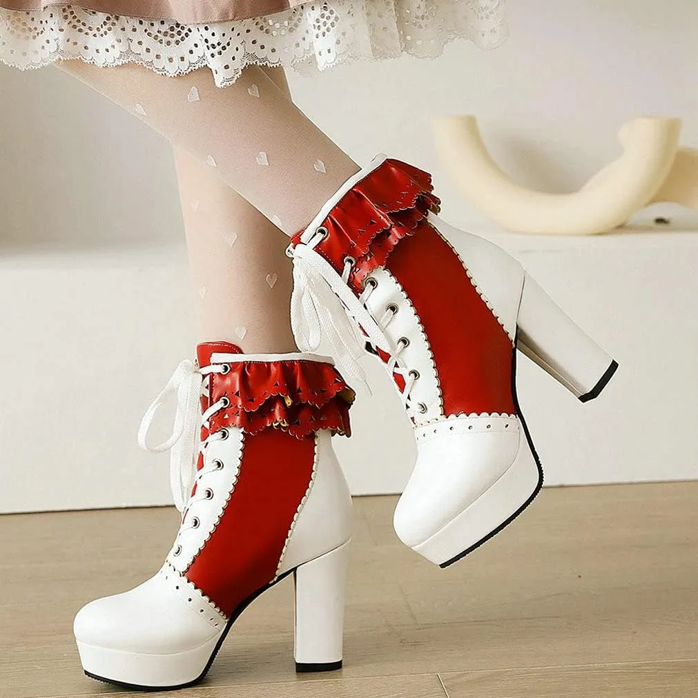 LUXMAX Women Lolita Lace Up Platform Ankle Boots Block High Heel Short Booties