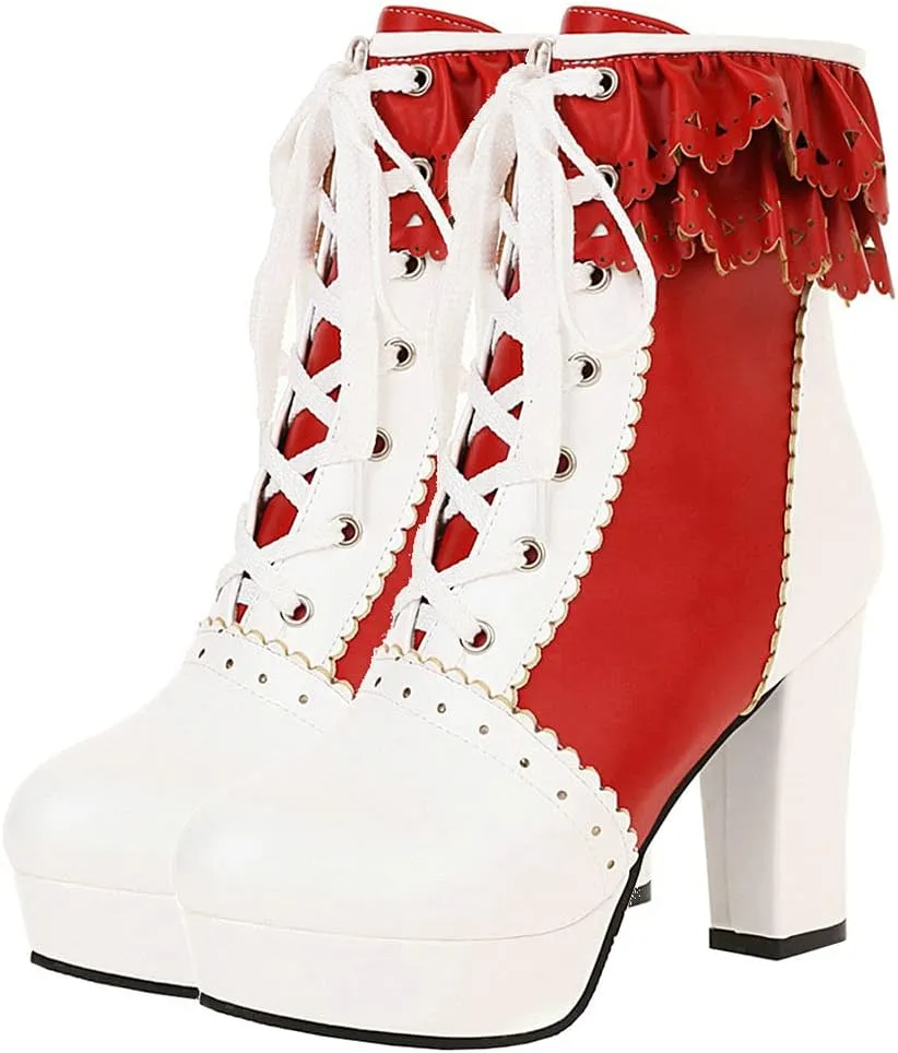 LUXMAX Women Lolita Lace Up Platform Ankle Boots Block High Heel Short Booties