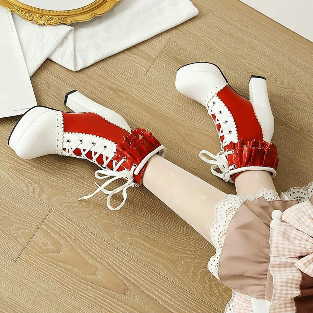 LUXMAX Women Lolita Lace Up Platform Ankle Boots Block High Heel Short Booties