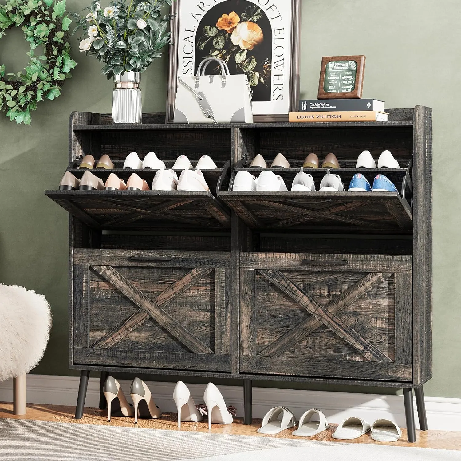 Maupvit Large Shoe Cabinet with 4 Flip Drawers, Freestanding Shoe Cabinet Organizer with Metal Drawer Bracket, Shoes Storage Cabinet for Entryway, Narrow Shoe Rack Cabinet,5Sturdy Legs,Dark Rustic Oak