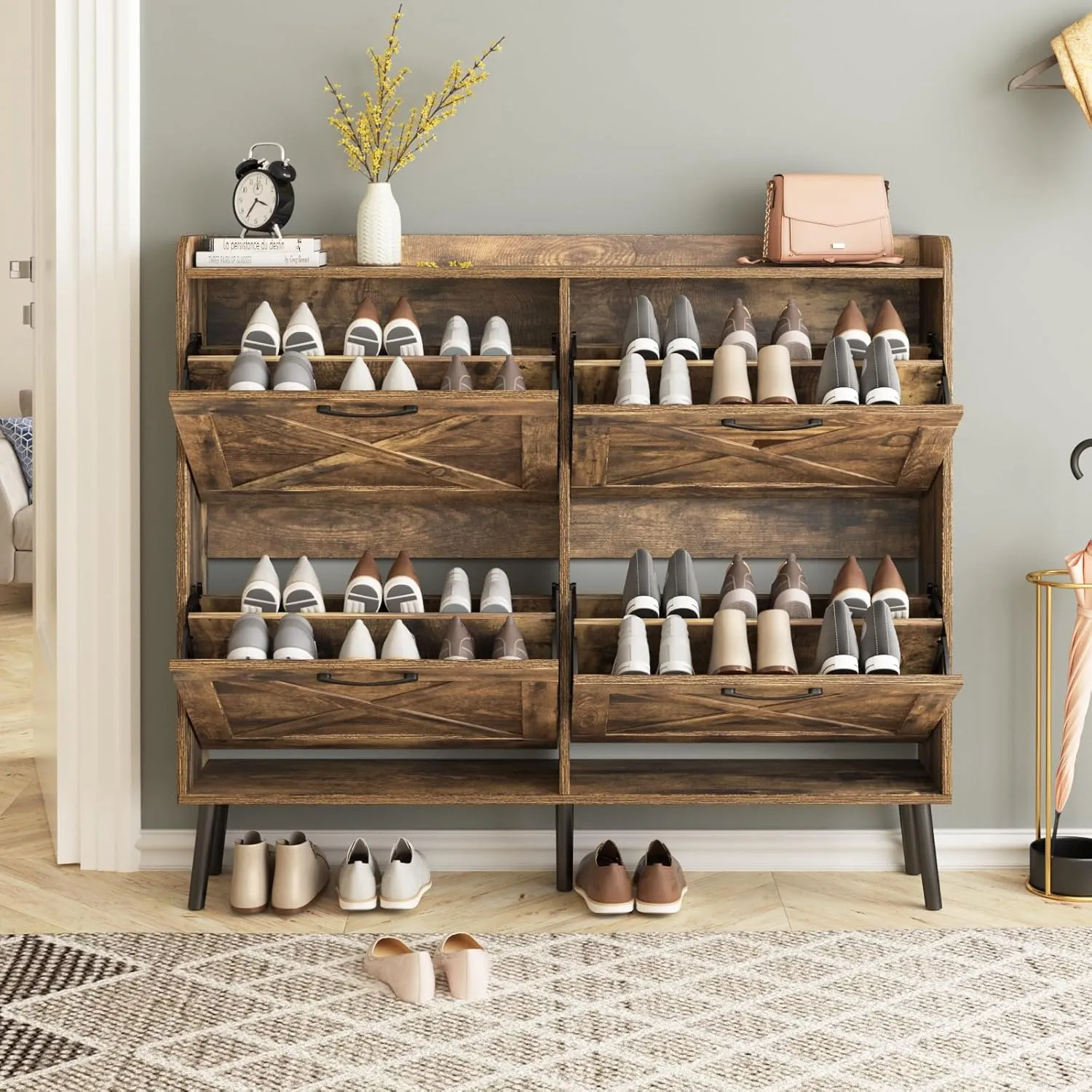 Maupvit Large Shoe Cabinet with 4 Flip Drawers, Freestanding Shoe Organizer with Metal Drawer Bracket for Entryway, Narrow Shoe Rack Cabinet, 5 Sturdy Legs, Rustic Brown
