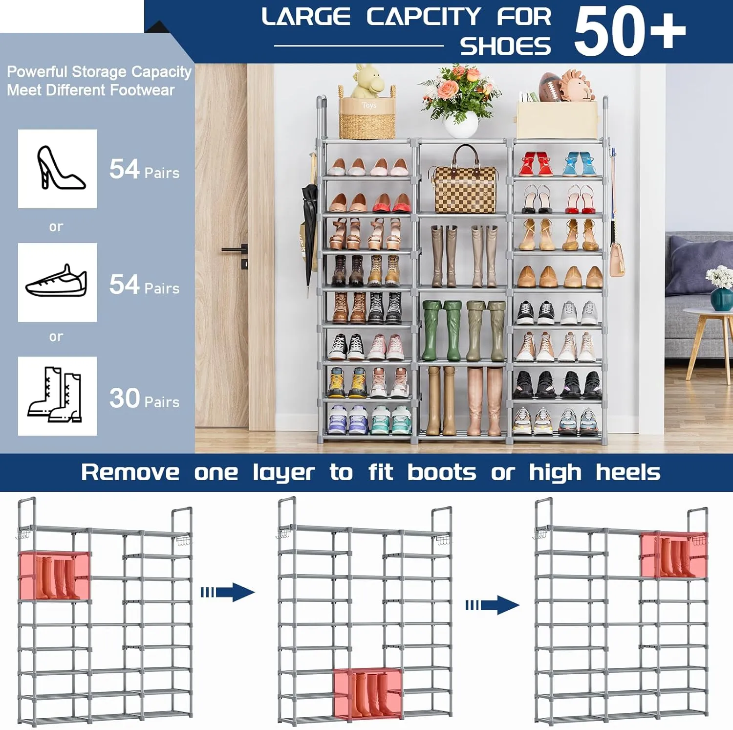 Mavivegue 9 Tiers Tall Shoe Organizer - Vertical Shoe Shelf for 50-55 Pairs, Stackable Racks for Entryway, Closet, Garage - Grey