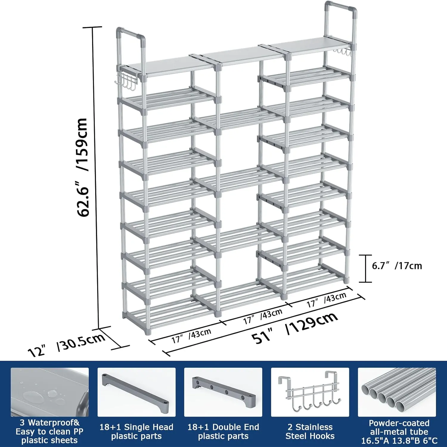 Mavivegue 9 Tiers Tall Shoe Organizer - Vertical Shoe Shelf for 50-55 Pairs, Stackable Racks for Entryway, Closet, Garage - Grey