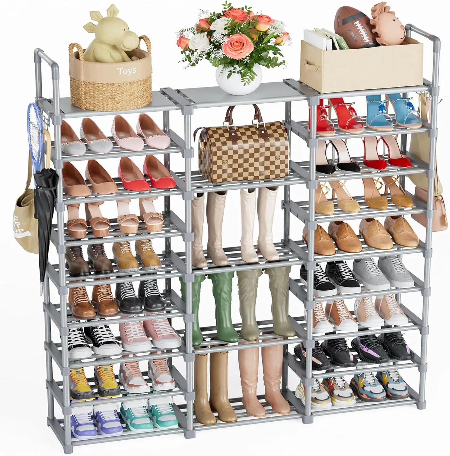 Mavivegue 9 Tiers Tall Shoe Organizer - Vertical Shoe Shelf for 50-55 Pairs, Stackable Racks for Entryway, Closet, Garage - Grey