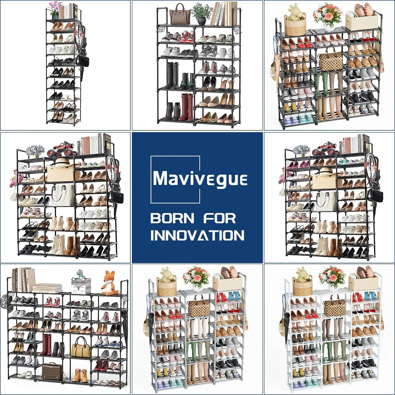 Mavivegue 9 Tiers Tall Shoe Organizer - Vertical Shoe Shelf for 50-55 Pairs, Stackable Racks for Entryway, Closet, Garage - Grey
