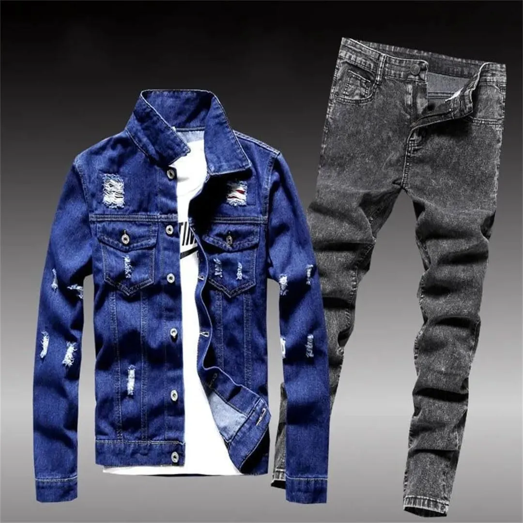 Men Jean Set Jacket Tide Cowboy Jeans Suit Jacket
