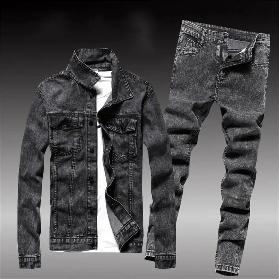Men Jean Set Jacket Tide Cowboy Jeans Suit Jacket
