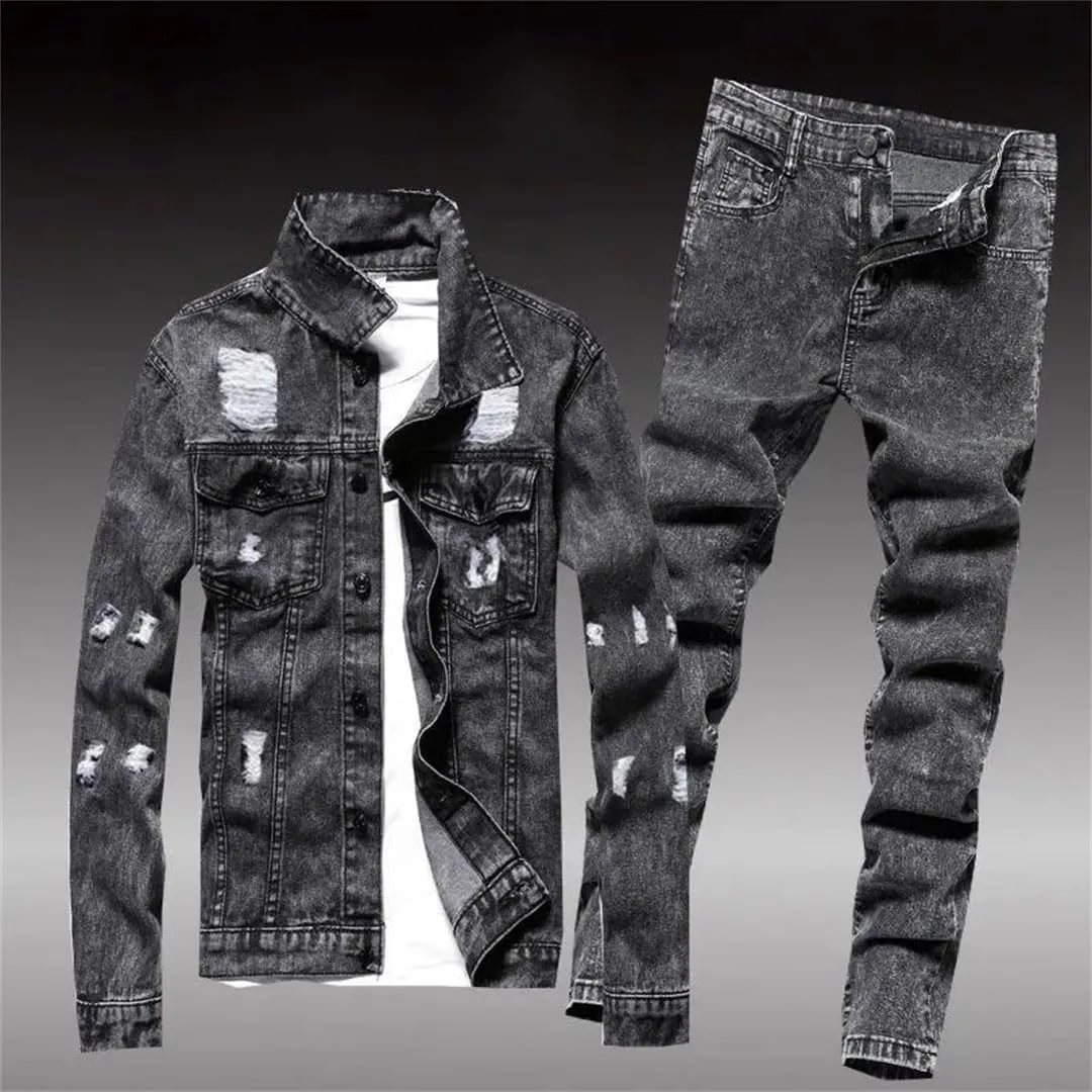 Men Jean Set Jacket Tide Cowboy Jeans Suit Jacket