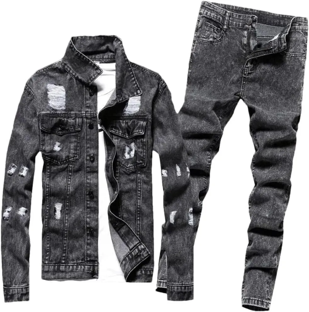 Men Jean Set Jacket Tide Cowboy Jeans Suit Jacket