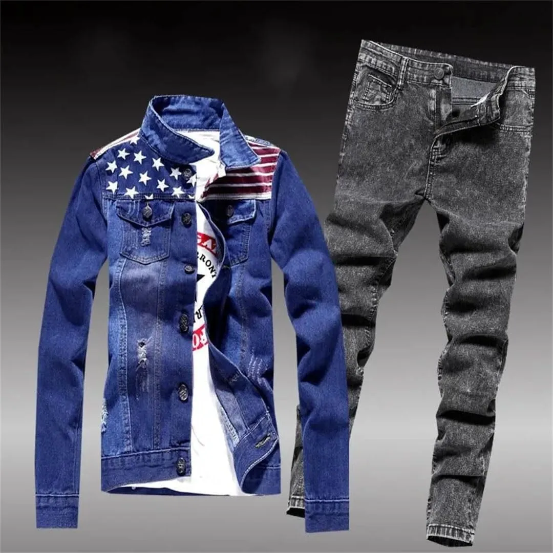 Men Jean Set Jacket Tide Cowboy Jeans Suit Jacket