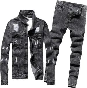 Men Jean Set Jacket Tide Cowboy Jeans Suit Jacket