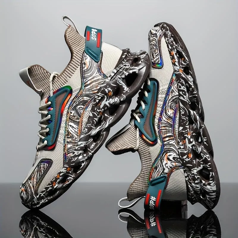 Men’s Breathable Running Shoes with Iridescent Graffiti Design – Low-Top Lace-Up Sneakers for Outdoor Workouts, Travel & Casual Wear | PU/Fabric Upper, Rubber Sole