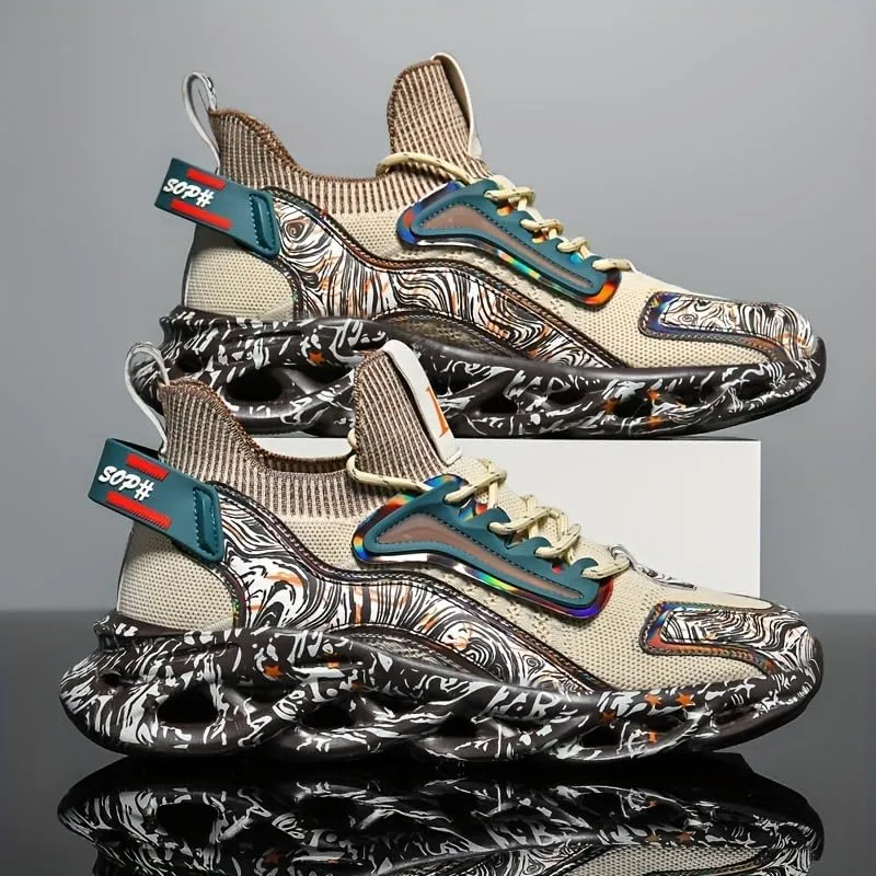 Men’s Breathable Running Shoes with Iridescent Graffiti Design – Low-Top Lace-Up Sneakers for Outdoor Workouts, Travel & Casual Wear | PU/Fabric Upper, Rubber Sole