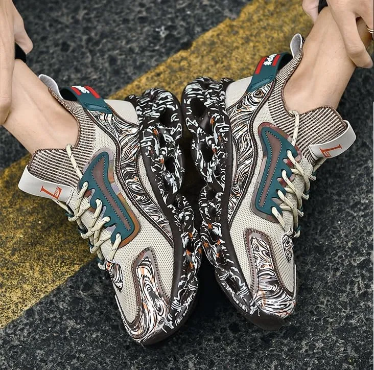 Men’s Breathable Running Shoes with Iridescent Graffiti Design – Low-Top Lace-Up Sneakers for Outdoor Workouts, Travel & Casual Wear | PU/Fabric Upper, Rubber Sole