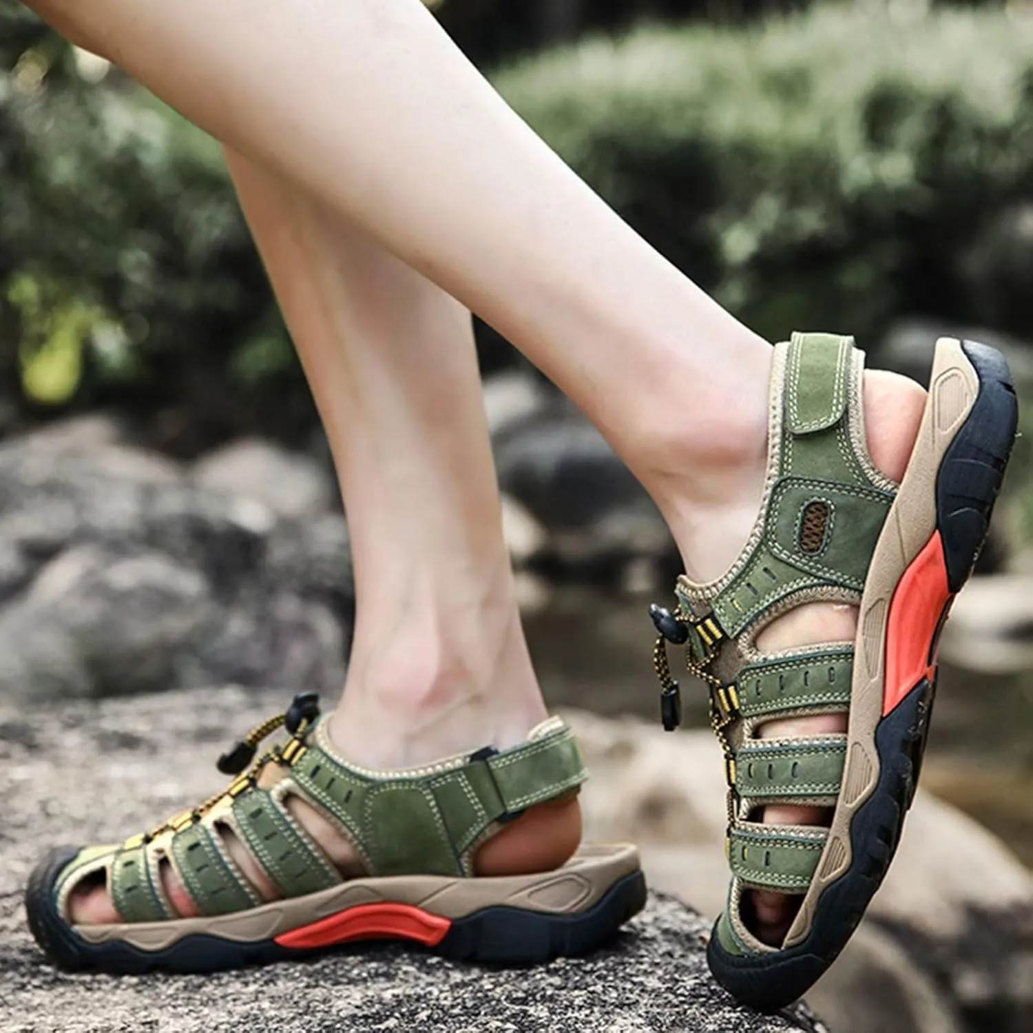 Mens Casual Leather Sandals Closed Toe Beach Shoes Summer Sandals for Hiking Trekking Walking