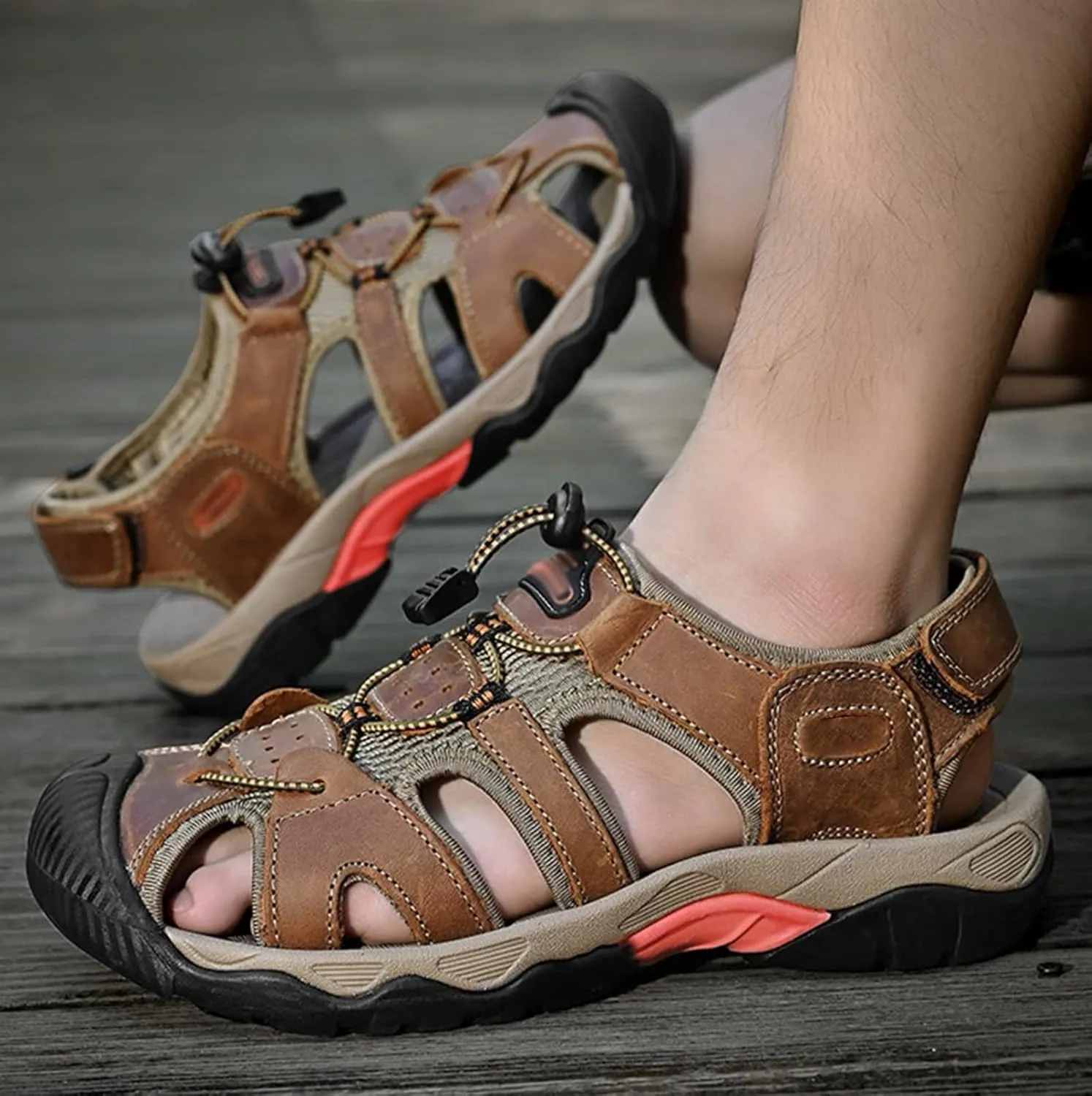 Mens Casual Leather Sandals Closed Toe Beach Shoes Summer Sandals for Hiking Trekking Walking