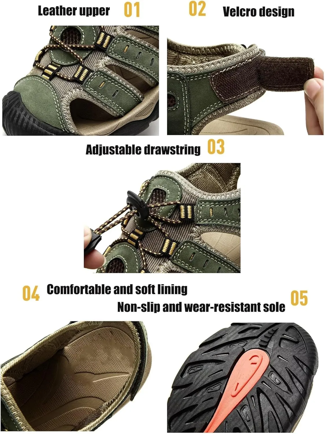 Mens Casual Leather Sandals Closed Toe Beach Shoes Summer Sandals for Hiking Trekking Walking