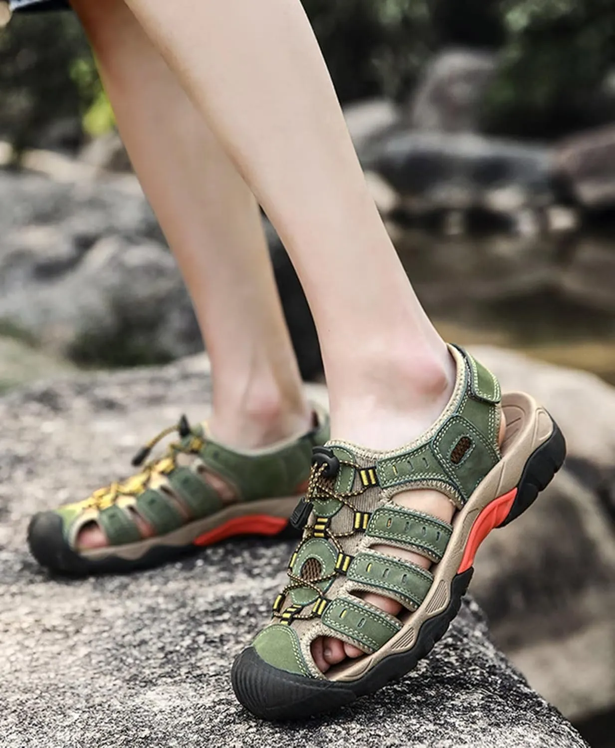 Mens Casual Leather Sandals Closed Toe Beach Shoes Summer Sandals for Hiking Trekking Walking