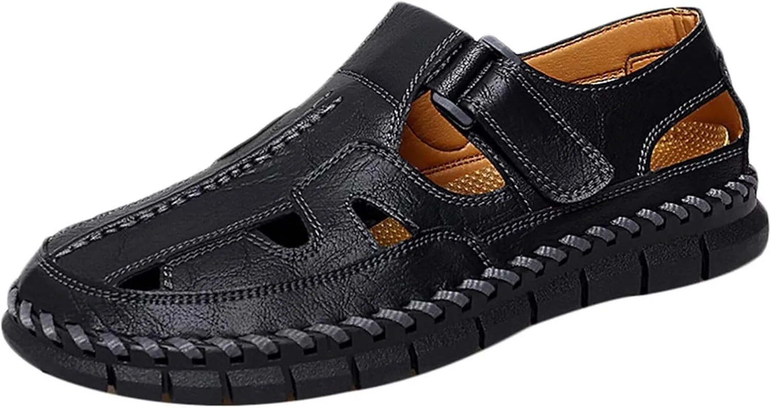 Mens Casual Walking Sandals Closed Toe Beach Shoes Sports Outdoor Sandals Summer Leather Sandals for Hiking Trekking Driving